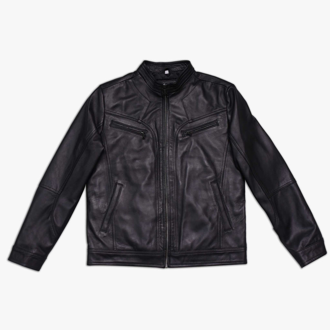 Black Nappa Leather Cafe Racer Jacket Front View#black_1