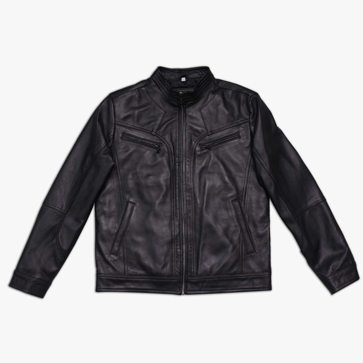 Black Nappa Leather Cafe Racer Jacket Front View#black_1