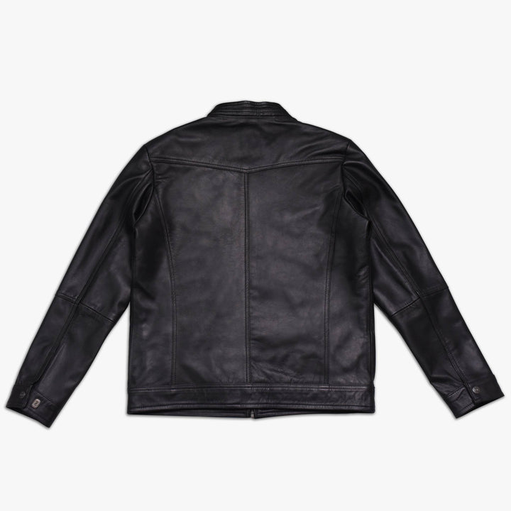 Black Nappa Leather Cafe Racer Jacket Back View#black_2