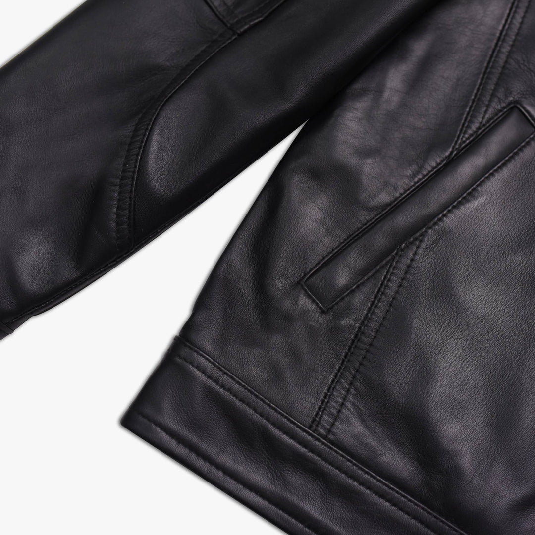 Black Nappa Leather Cafe Racer Jacket Side View#black_3