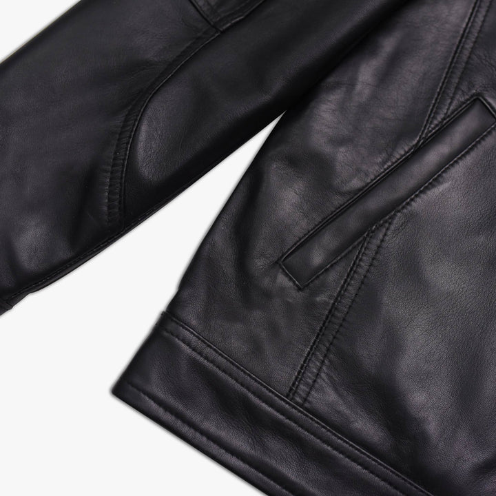 Black Nappa Leather Cafe Racer Jacket Side View#black_3