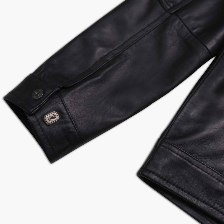 Black Nappa Leather Cafe Racer Jacket Sleeve View#black_4