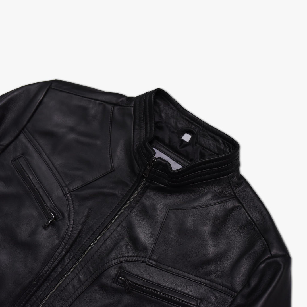 Black Nappa Leather Cafe Racer Jacket Collar View#black_5