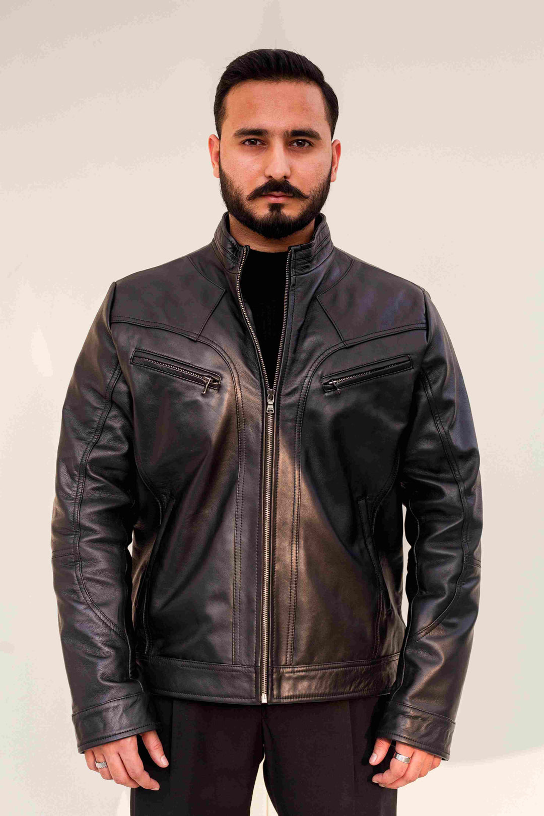 Black Nappa Leather Cafe Racer Jacket Model Front View#black_6
