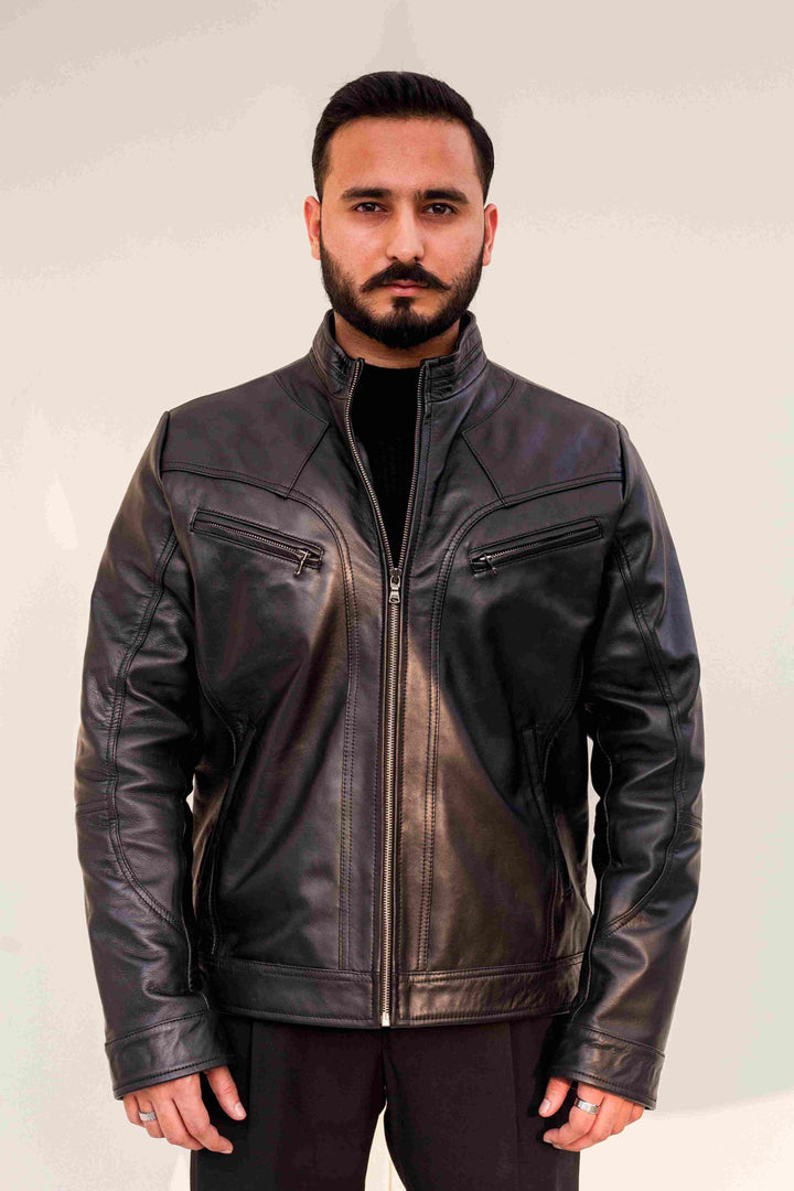 Black Nappa Leather Cafe Racer Jacket Model Front View#black_6