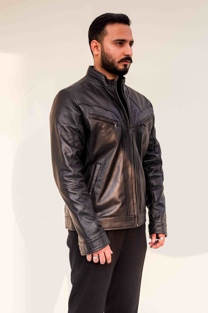 Black Nappa Leather Cafe Racer Jacket Model Side View#black_7