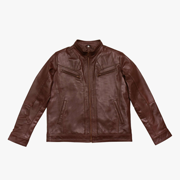 Espresso Nappa Leather Cafe Racer Jacket Front View#espresso_1