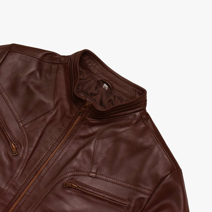 Espresso Nappa Leather Cafe Racer Jacket Collar View#espresso_5