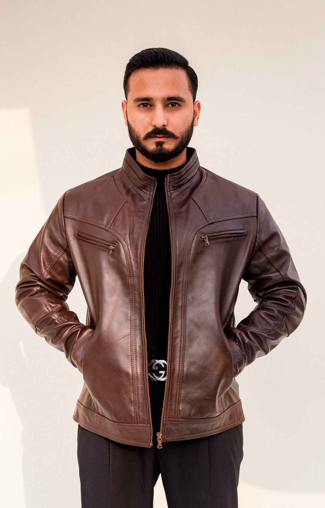 Espresso Nappa Leather Cafe Racer Jacket Model Front View#espresso_6