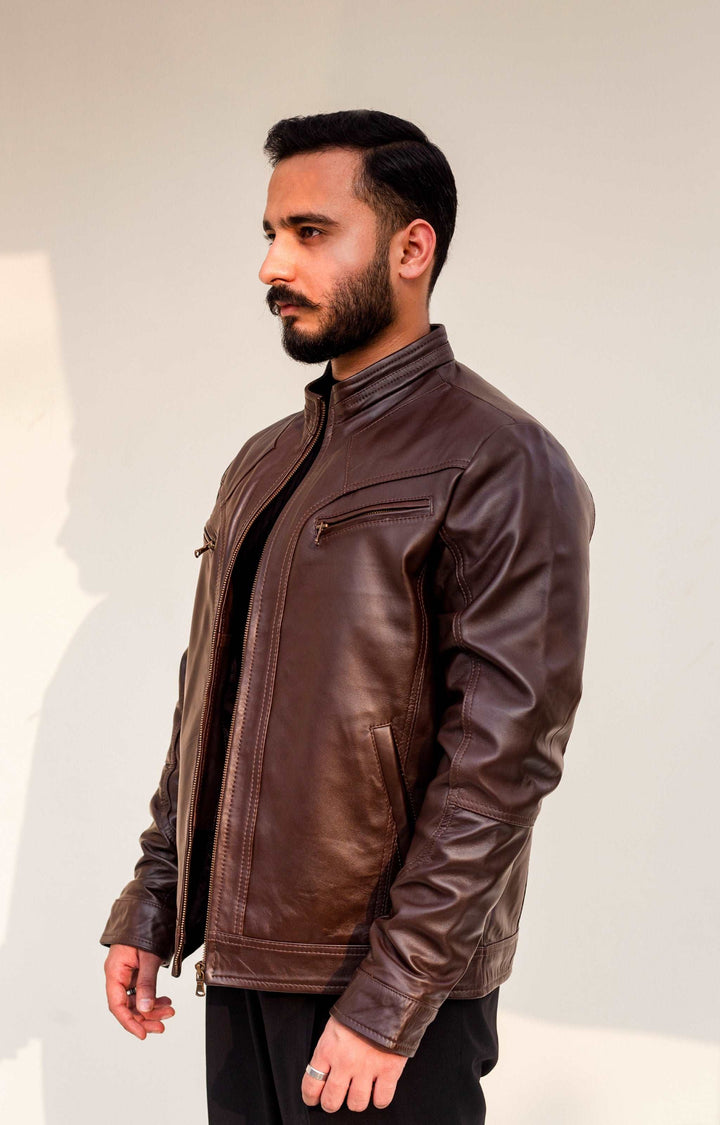 Espresso Nappa Leather Cafe Racer Jacket Model Side View#espresso_7
